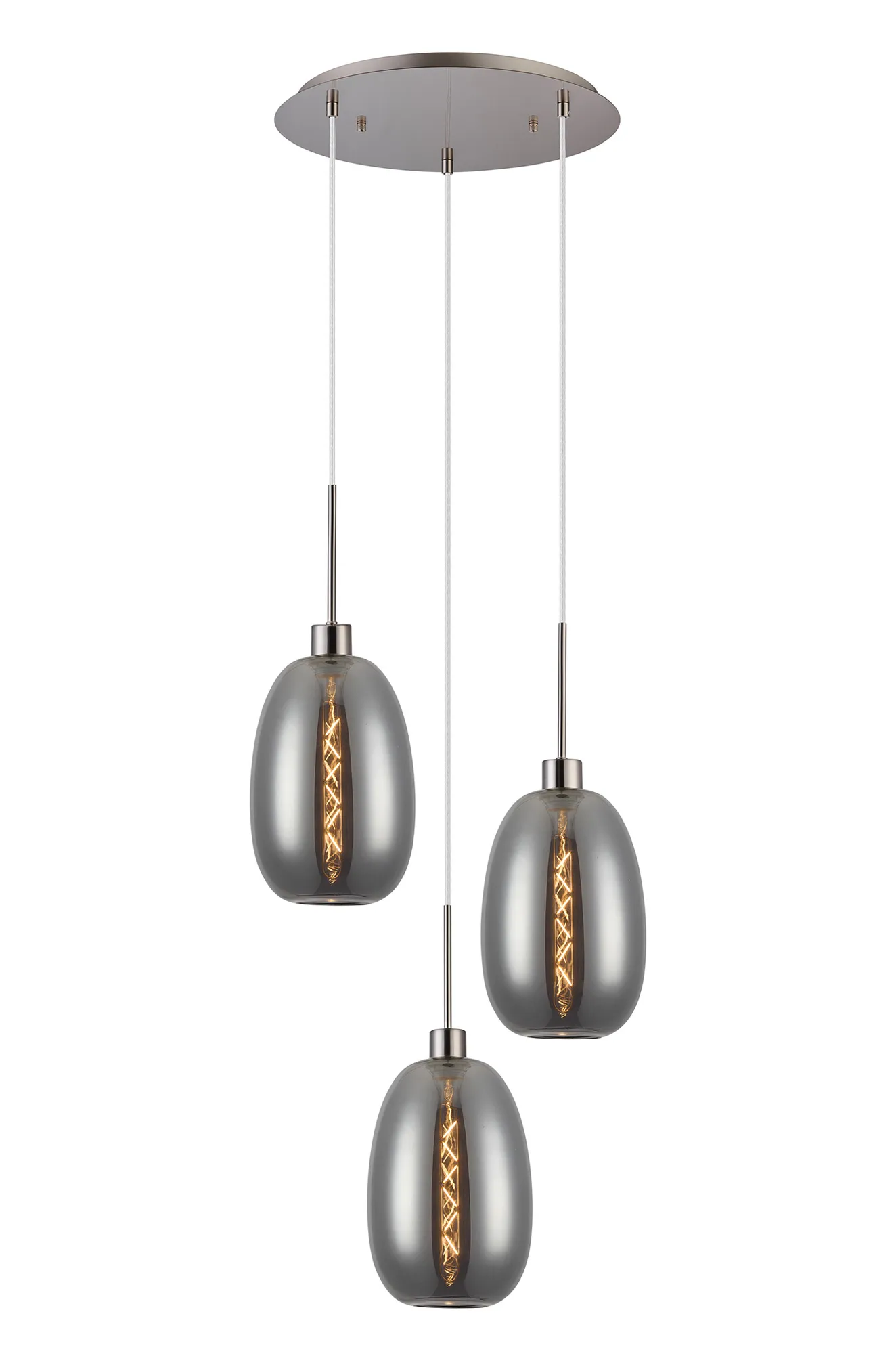 DK1363  Lori cm Round Pendant, 3 Light Adjustable E27, Satin Nickel/Smoke Slim Curved Trapezium Shades